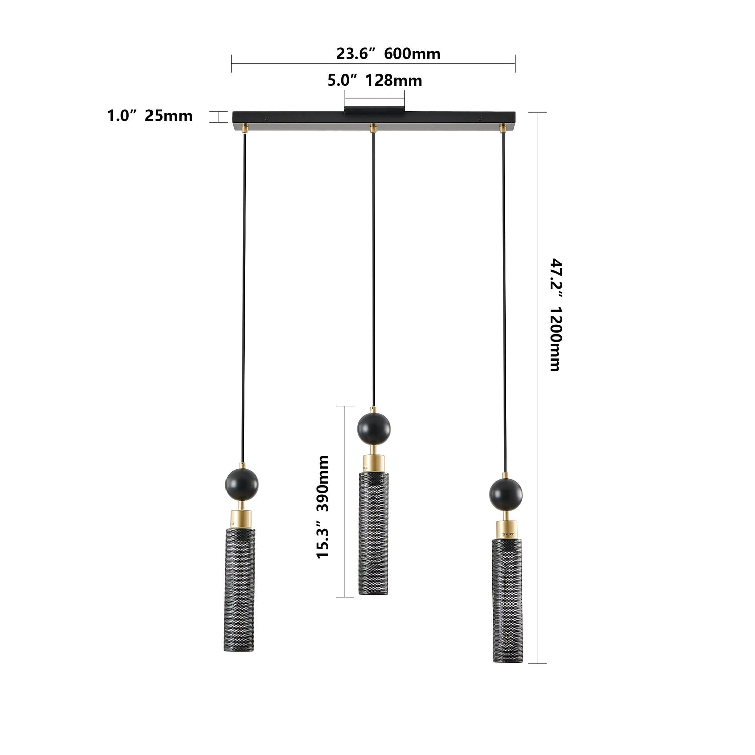 Modern Black and Gold 3-Light Pendant Chandelier, Adjustable Hanging