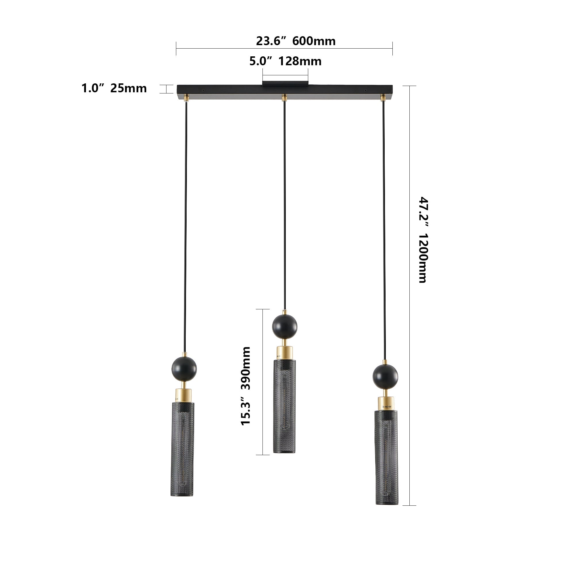 Modern Black and Gold 3-Light Pendant Chandelier, Adjustable Hanging