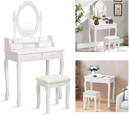 Wood Makeup Vanity Set with Mirror &amp; Stool