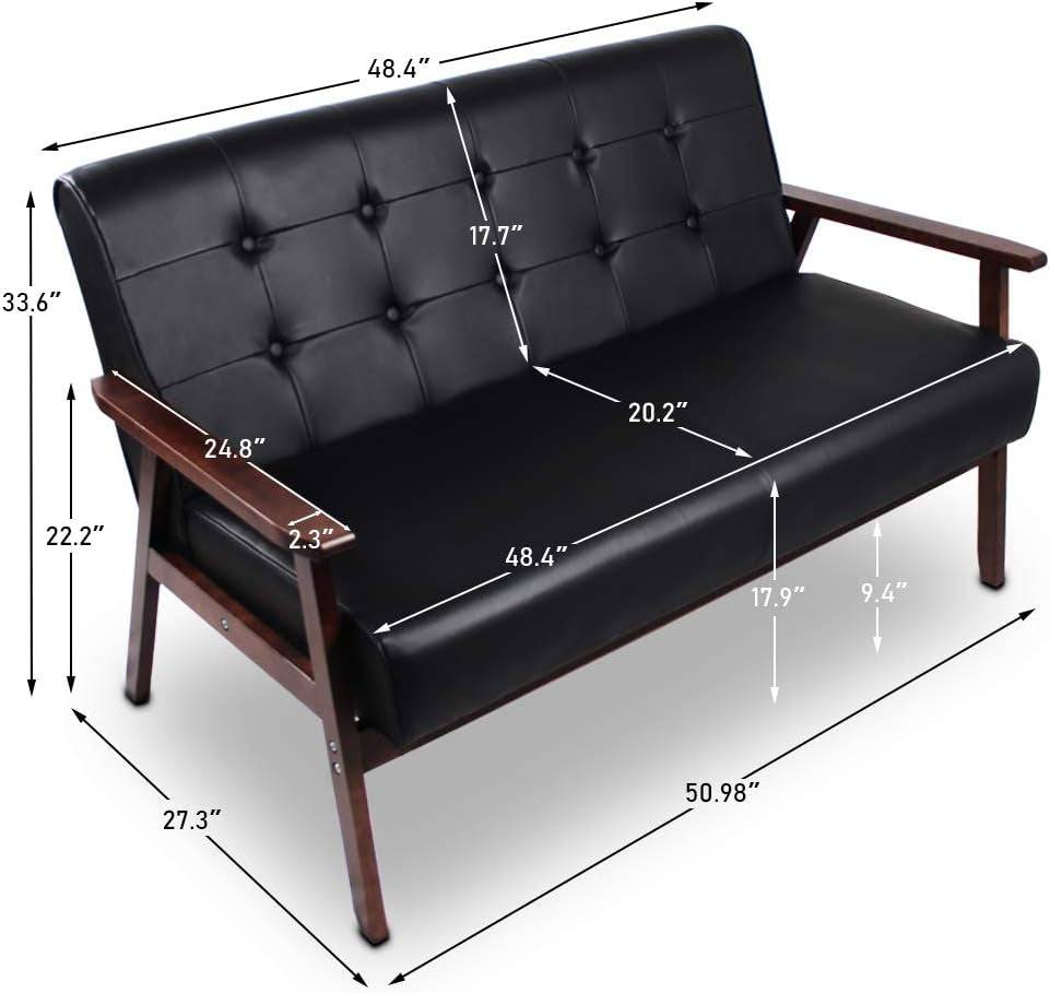 Mid-Century Modern Solid Loveseat Sofa Upholstered Faux Leather Couch