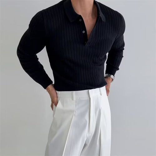 Lapel Button Long Sleeve Polo Shirt Slim Fashion Solid Striped Knitted