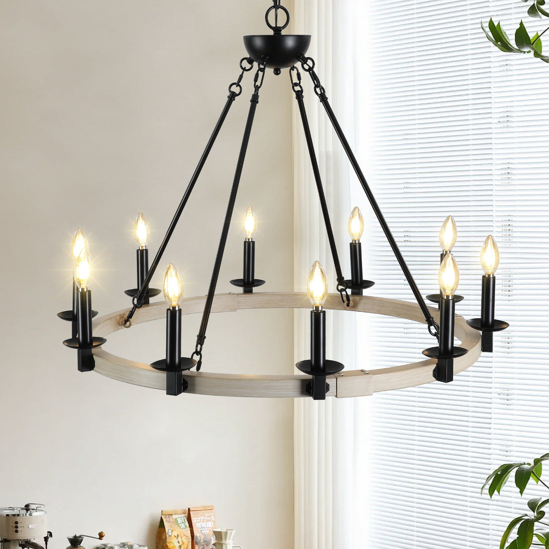 Rustic Farmhouse 10-Light Candle Chandelier, Black Metal and Wood