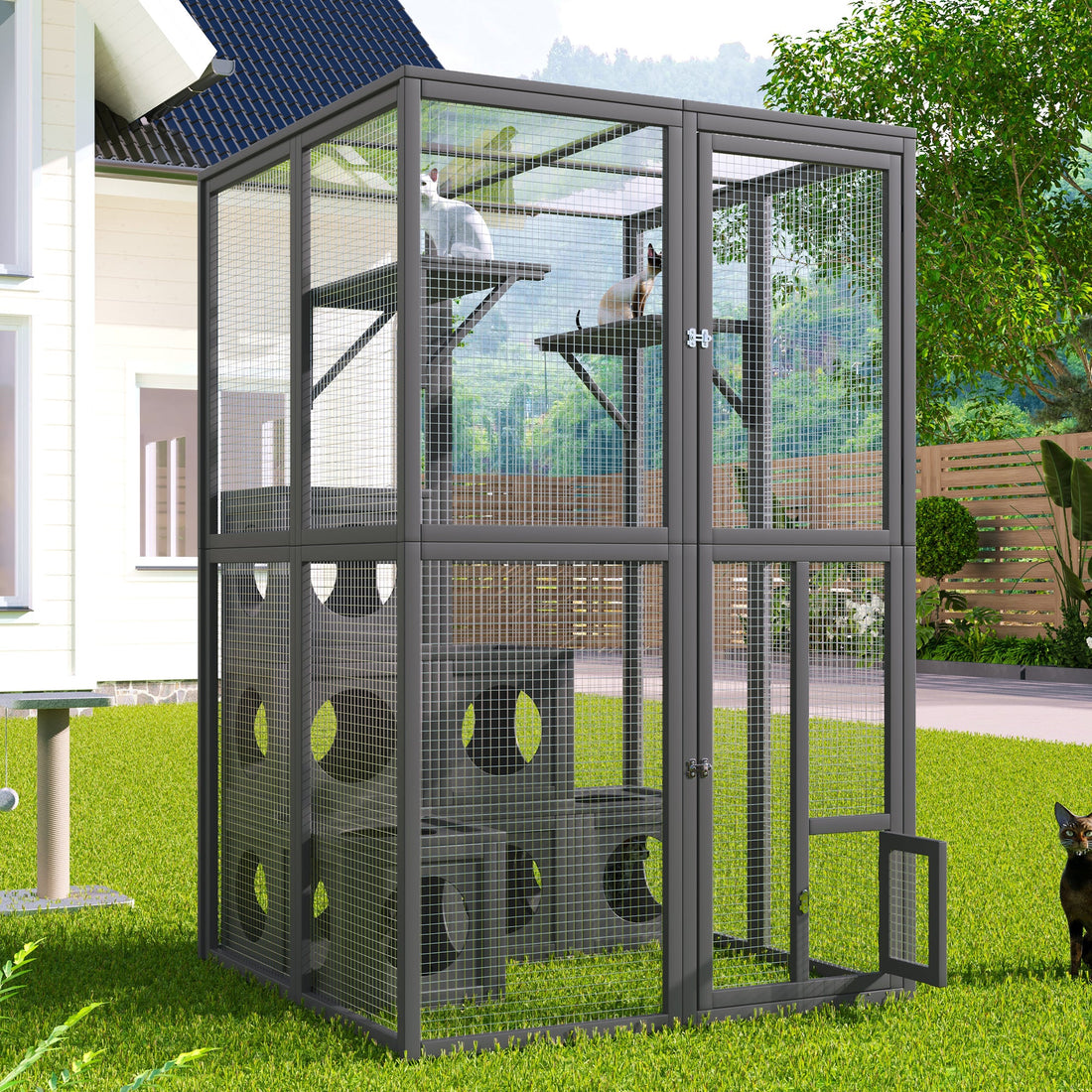 Grey Pine Wood Outdoor Cat House with Shelves and Weather Protection,