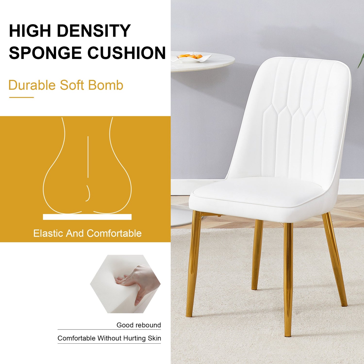 4 modern dining chairs, sleek PU leather backrest, and gold metal legs