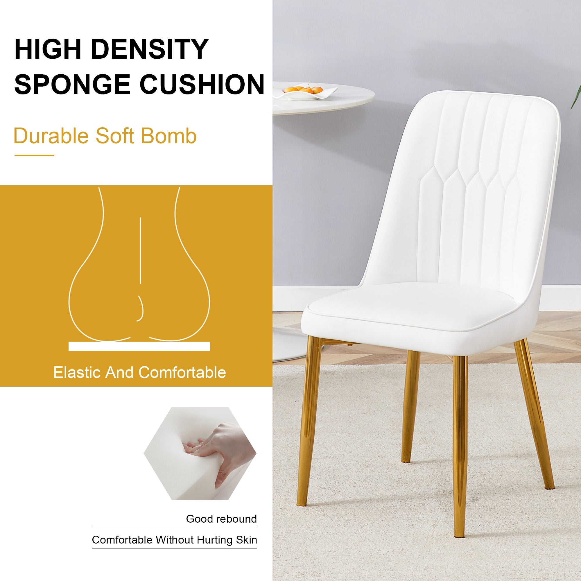 4 modern dining chairs, sleek PU leather backrest, and gold metal legs