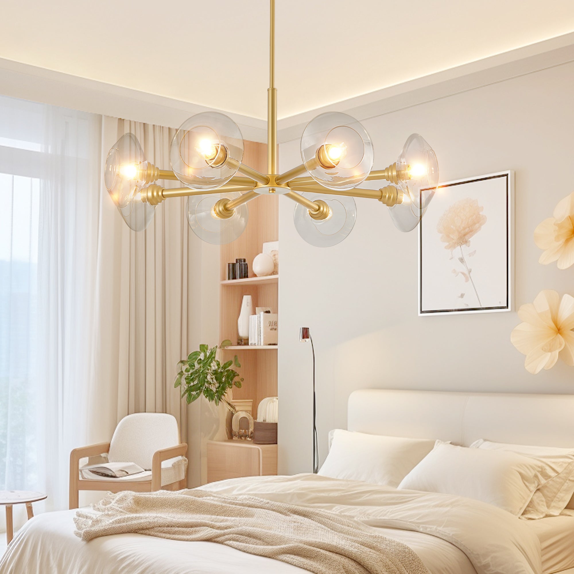 Modern Gold 8-Light Sputnik Chandelier with Clear Glass Shades,