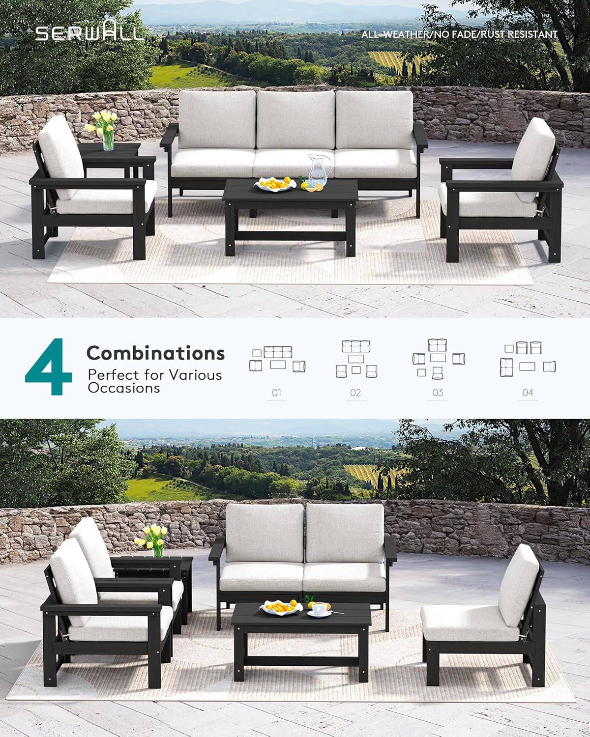 HDPE Outdoor Patio Furniture Set, 7-Piece Outdoor Sectional Patio
