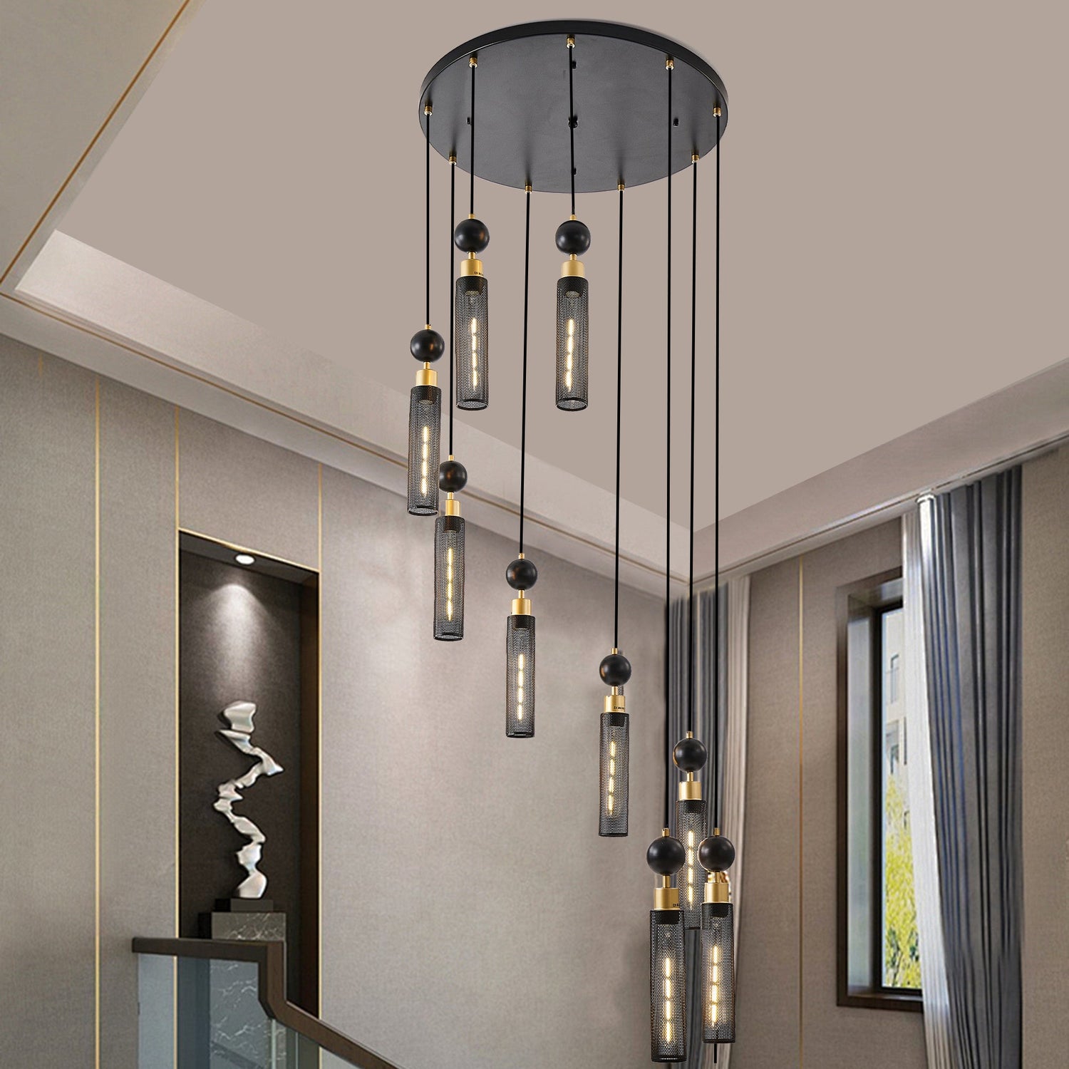 Modern Industrial Multi-Light Pendant Chandelier - 9-Light Black and