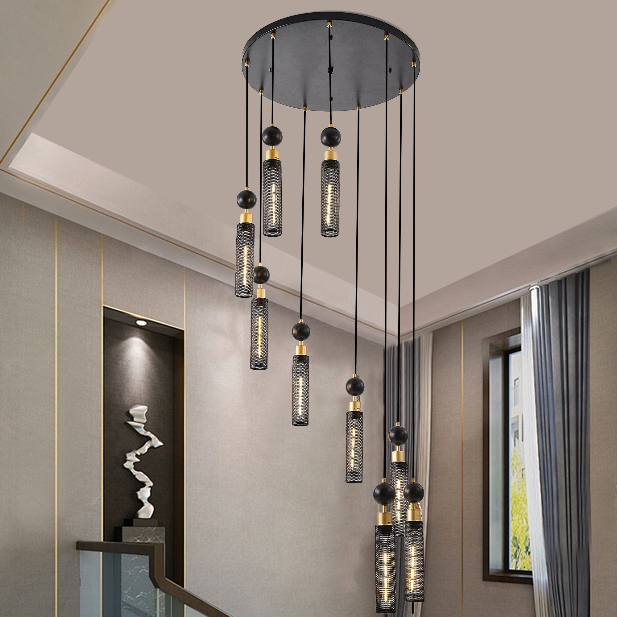 Modern Industrial Multi-Light Pendant Chandelier - 9-Light Black and