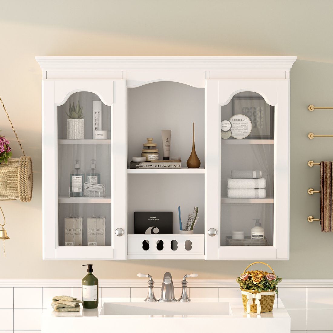 Wall Mounted Medicine Cabinet, Bathroom Wall Cabinet with 2 Glass