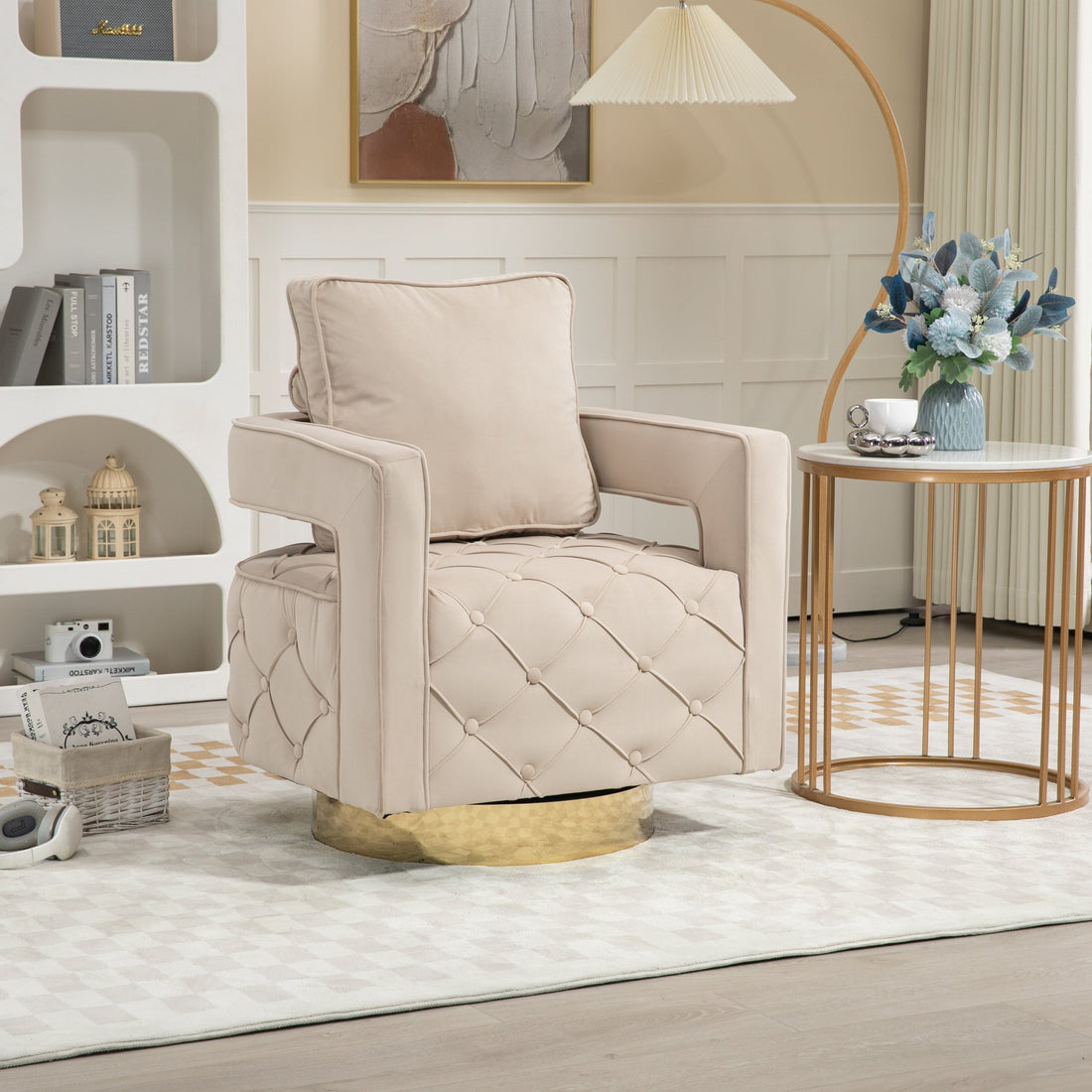 Swivel Accent Chair - Modern Accent Chair with Pillow, Velvet Armchair