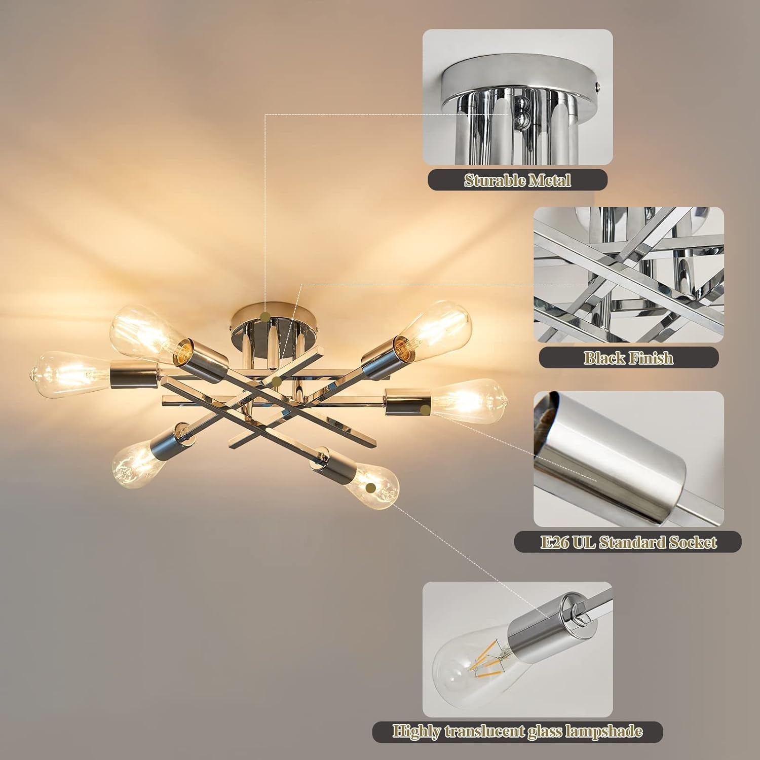6-Lights Semi Flush Mount Ceiling Light Fixture Modern Chrome Matte