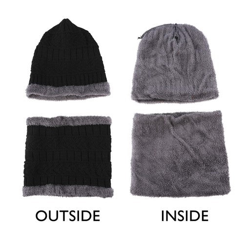 Black Winter Hat and Scarf Set Warm Fleece Lined Beanie unisex