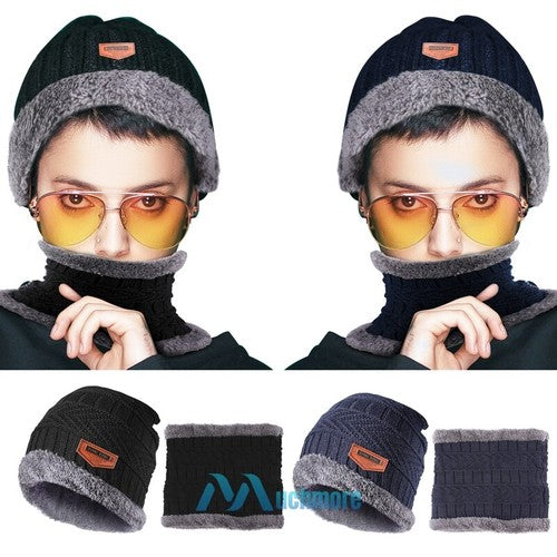 Black Winter Hat and Scarf Set Warm Fleece Lined Beanie unisex