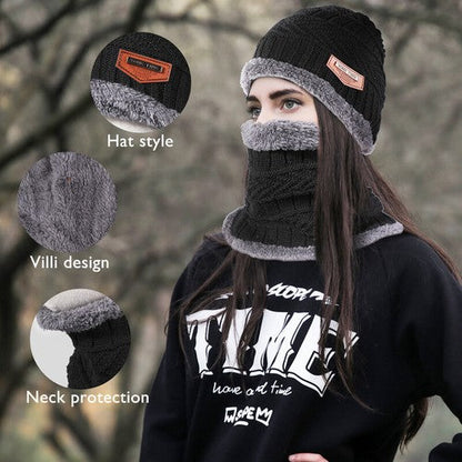 Black Winter Hat and Scarf Set Warm Fleece Lined Beanie unisex