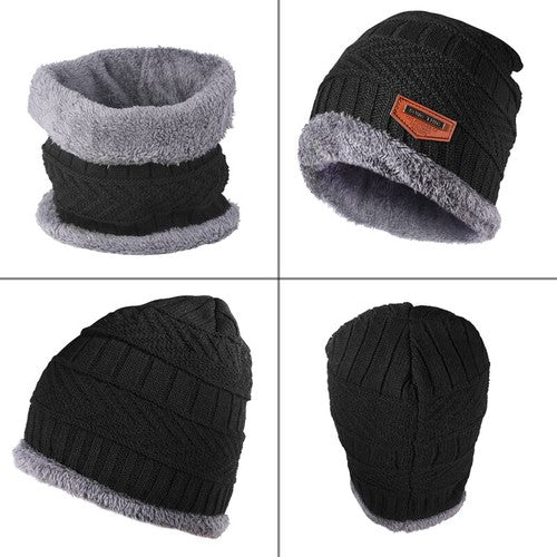 Black Winter Hat and Scarf Set Warm Fleece Lined Beanie unisex