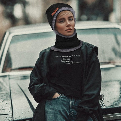 Black Winter Hat and Scarf Set Warm Fleece Lined Beanie unisex