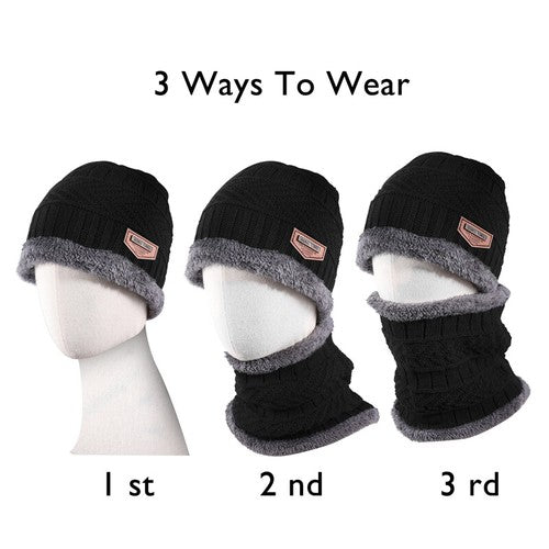 Black Winter Hat and Scarf Set Warm Fleece Lined Beanie unisex