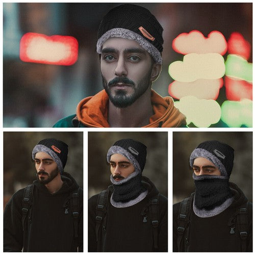 Black Winter Hat and Scarf Set Warm Fleece Lined Beanie unisex