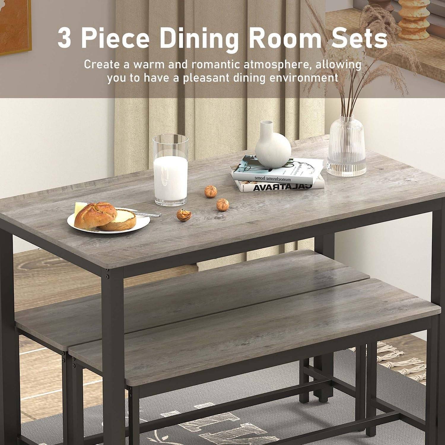 Dining Table Set for 4, Kitchen Room Table Set with 2 Benches, 3-Piece