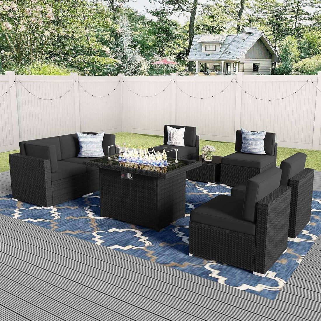 8 Pieces Patio Furniture Set with 44&quot; Propane Gas Fire Pit Table,