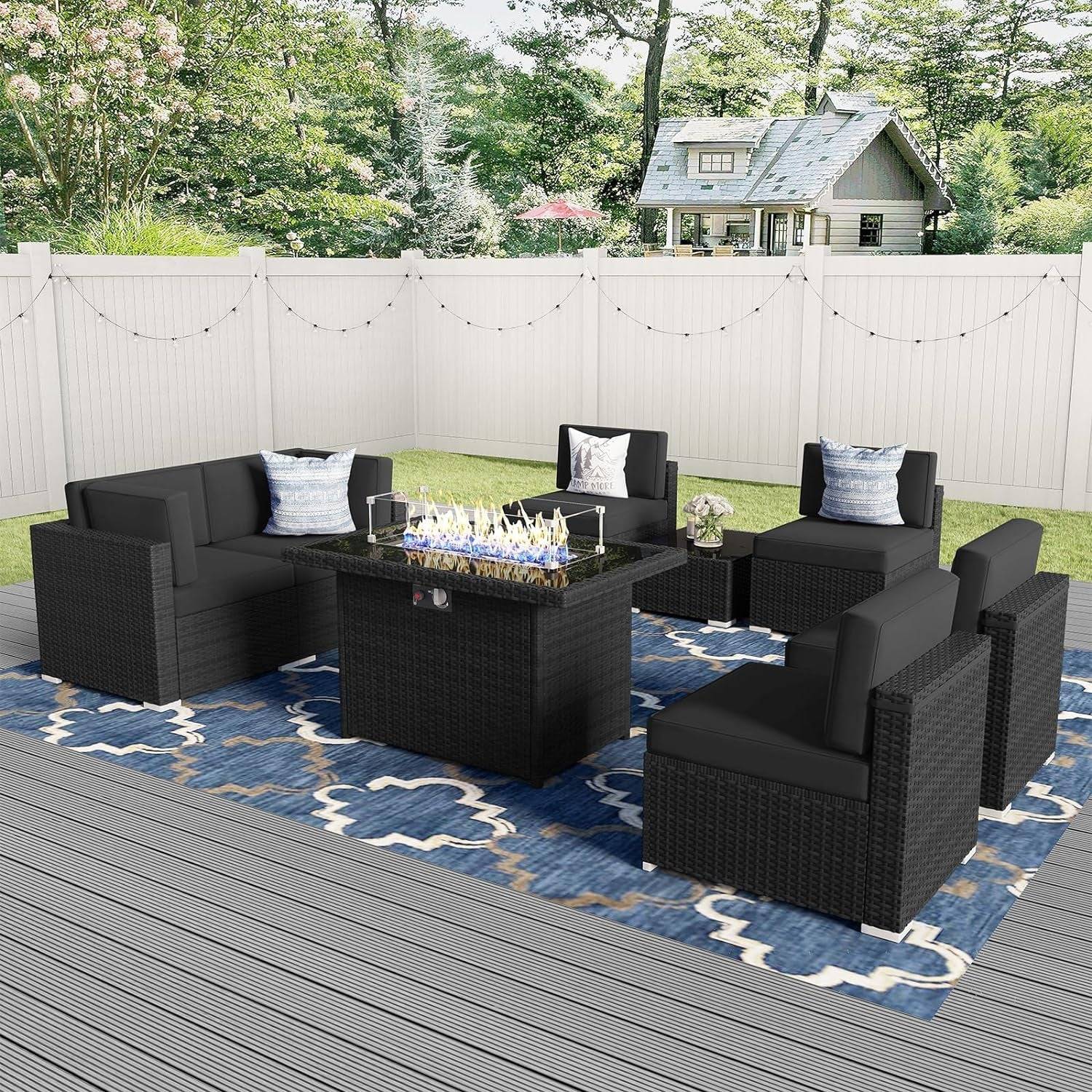 8 Pieces Patio Furniture Set with 44&quot; Propane Gas Fire Pit Table,
