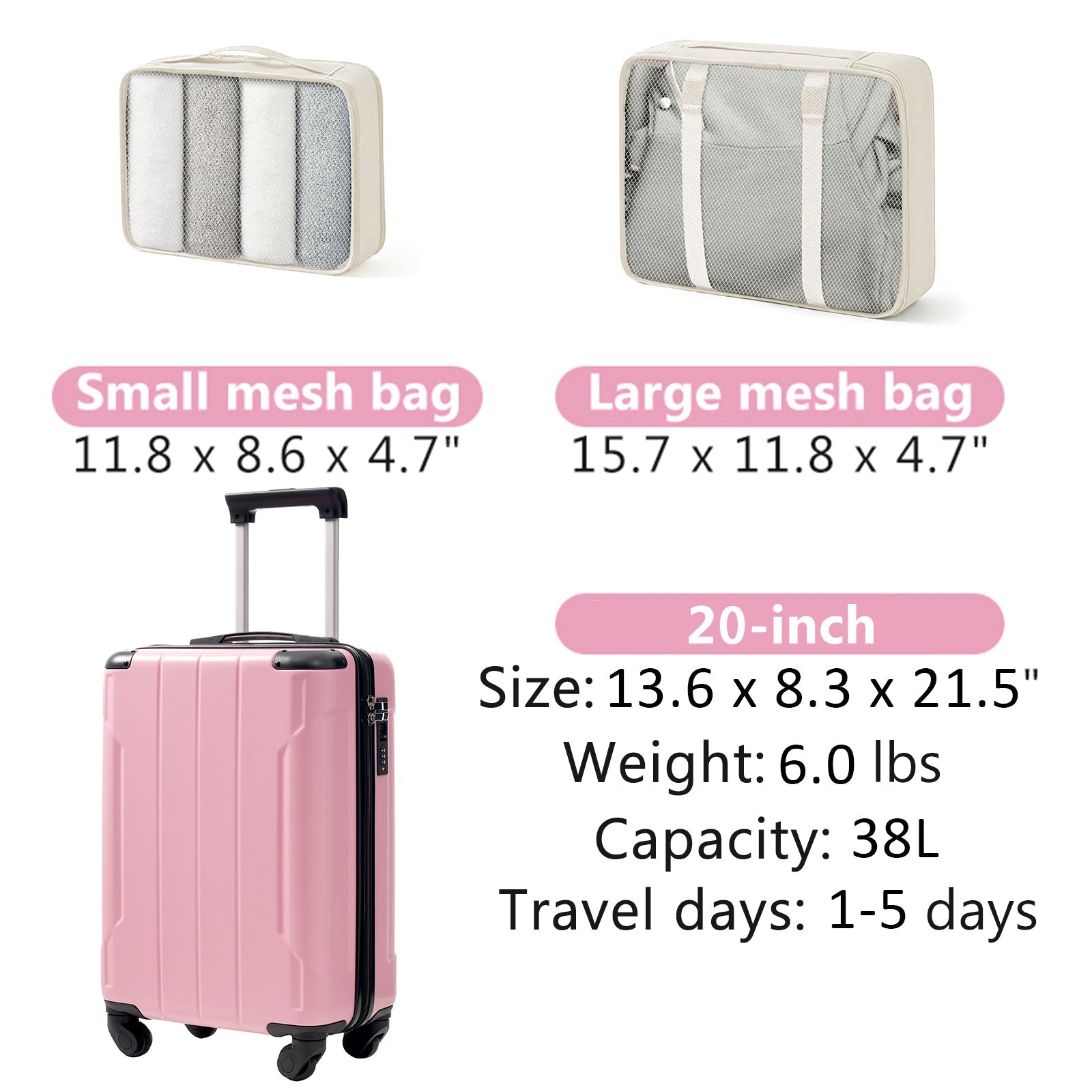 20-Inch Hardshell Carry-On Luggage, Lightweight Durable ABS Suitcase