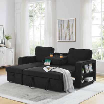 Linen Upholstered Sleeper Sectional Sofa, Shaped Modular Convertible