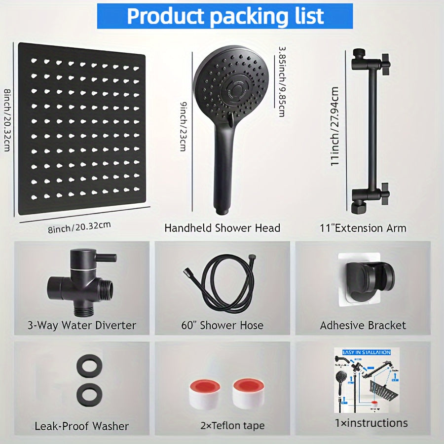 [8 Inch High Pressure Shower] 1set Shower Head Combo, 8 Inch High Pressure Rain Shower Head, With 11 Inch Adjustable Extension Arm And 5 Settings Handheld Shower Head Combo, Rain Shower Head With Handheld Sprayer, Bathroom Ac