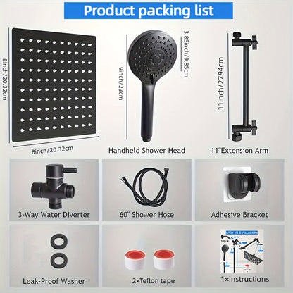 [8 Inch High Pressure Shower] 1set Shower Head Combo, 8 Inch High Pressure Rain Shower Head, With 11 Inch Adjustable Extension Arm And 5 Settings Handheld Shower Head Combo, Rain Shower Head With Handheld Sprayer, Bathroom Ac