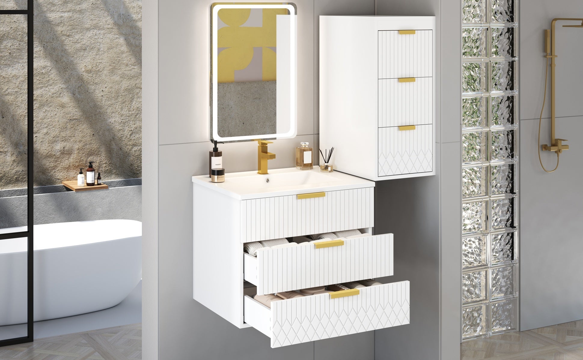 24inch Wall Mounted Floating Cabinet w/Side Cabinet Combo, Rectangular