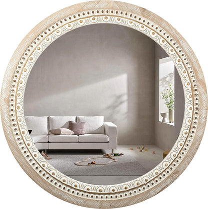 30-Inch Wooden Round Mirrors for Wall Decor, Farmhouse Rustic Large