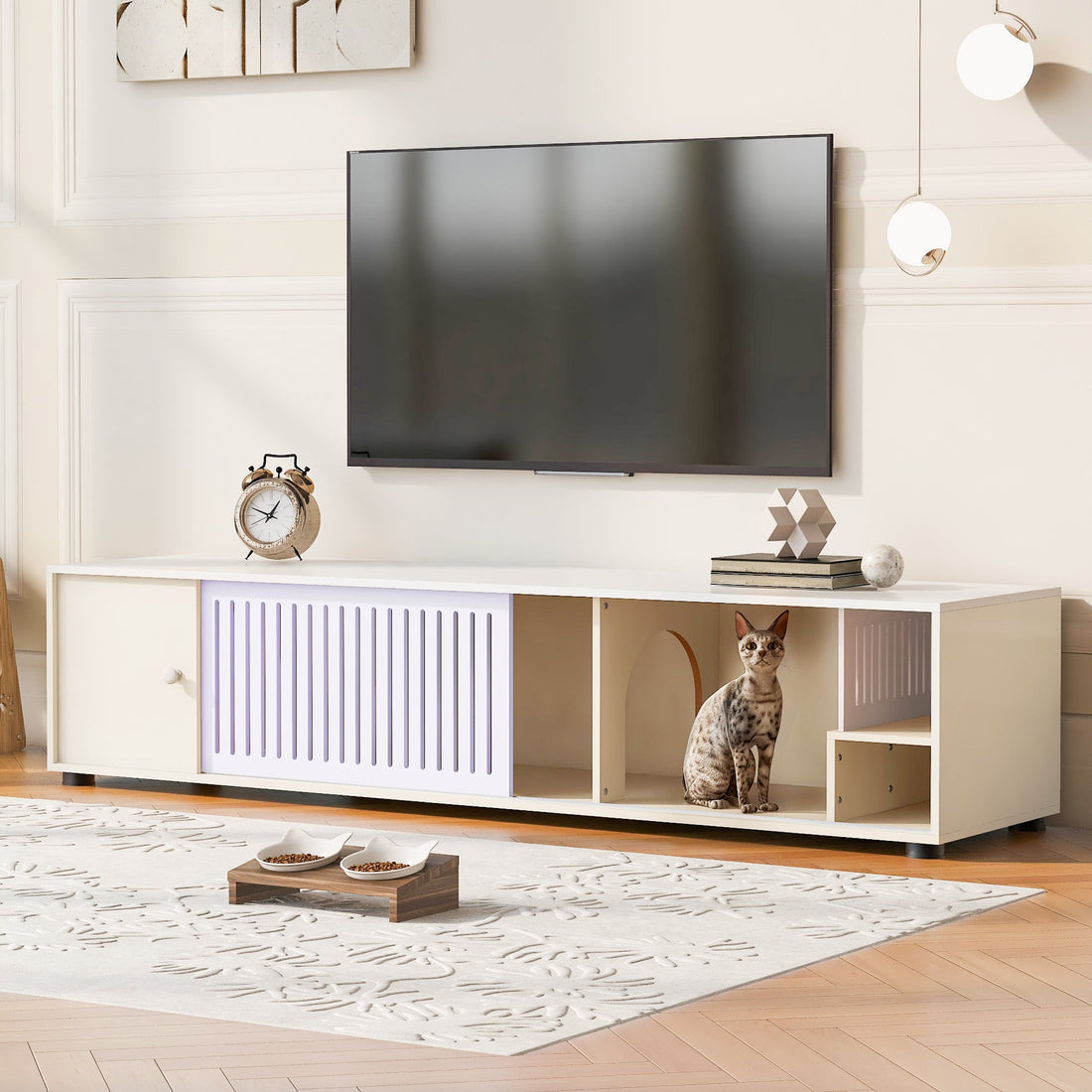 Modern Cream White TV Stand with Storage, Cat Litter Box Enclosure