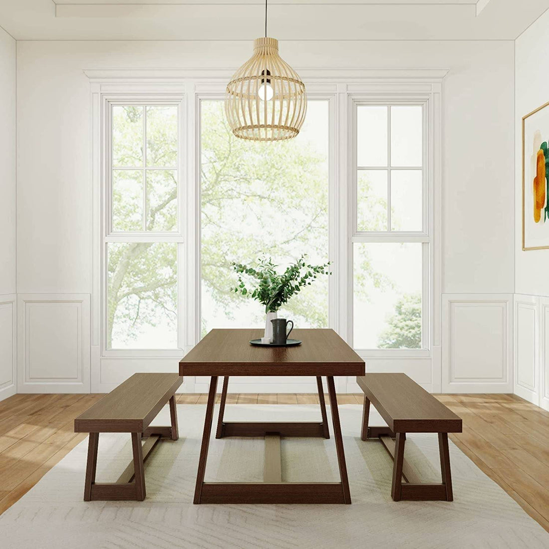 Farmhouse Solid Wood Dining Table Set with 2 Benches, Walnut