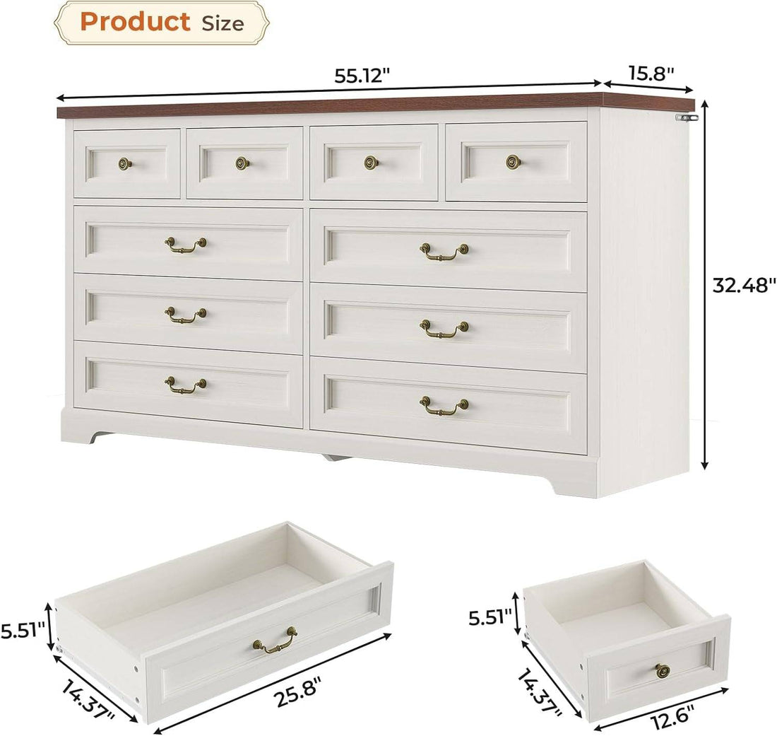 Farmhouse 10 Drawers Dresser for Bedroom, 55.1" Wide Dresser Chest of