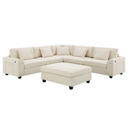 128*67" U Shaped Sectional Sofa,6 Seat Chenille Couch Set with