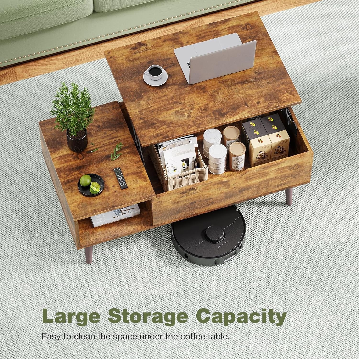 Wood Lift Top Coffee Table with Hidden Compartment and Large Storage
