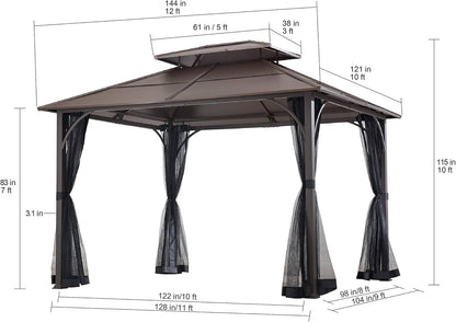 10x12 Hardtop Gazebo Steel Frame Netting Brown