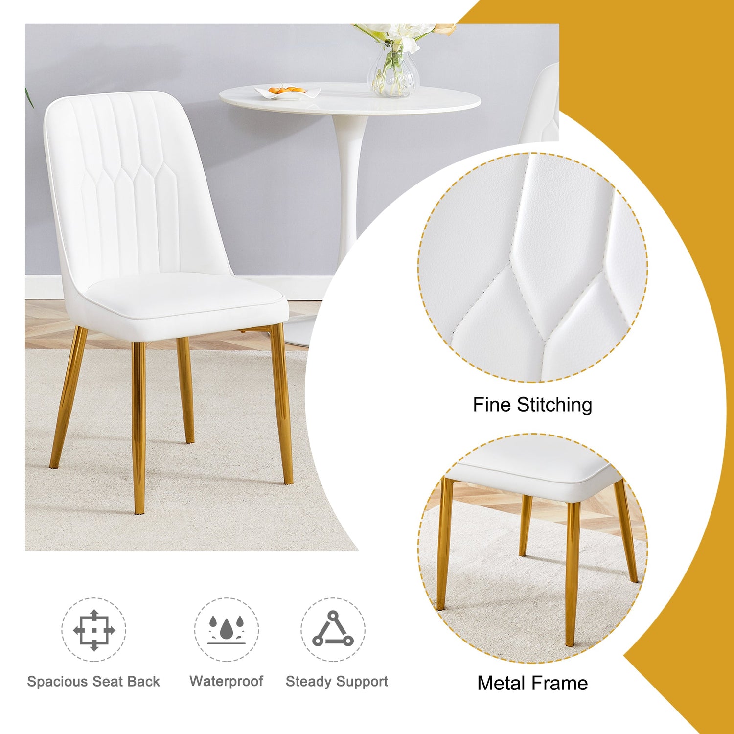 4 modern dining chairs, sleek PU leather backrest, and gold metal legs