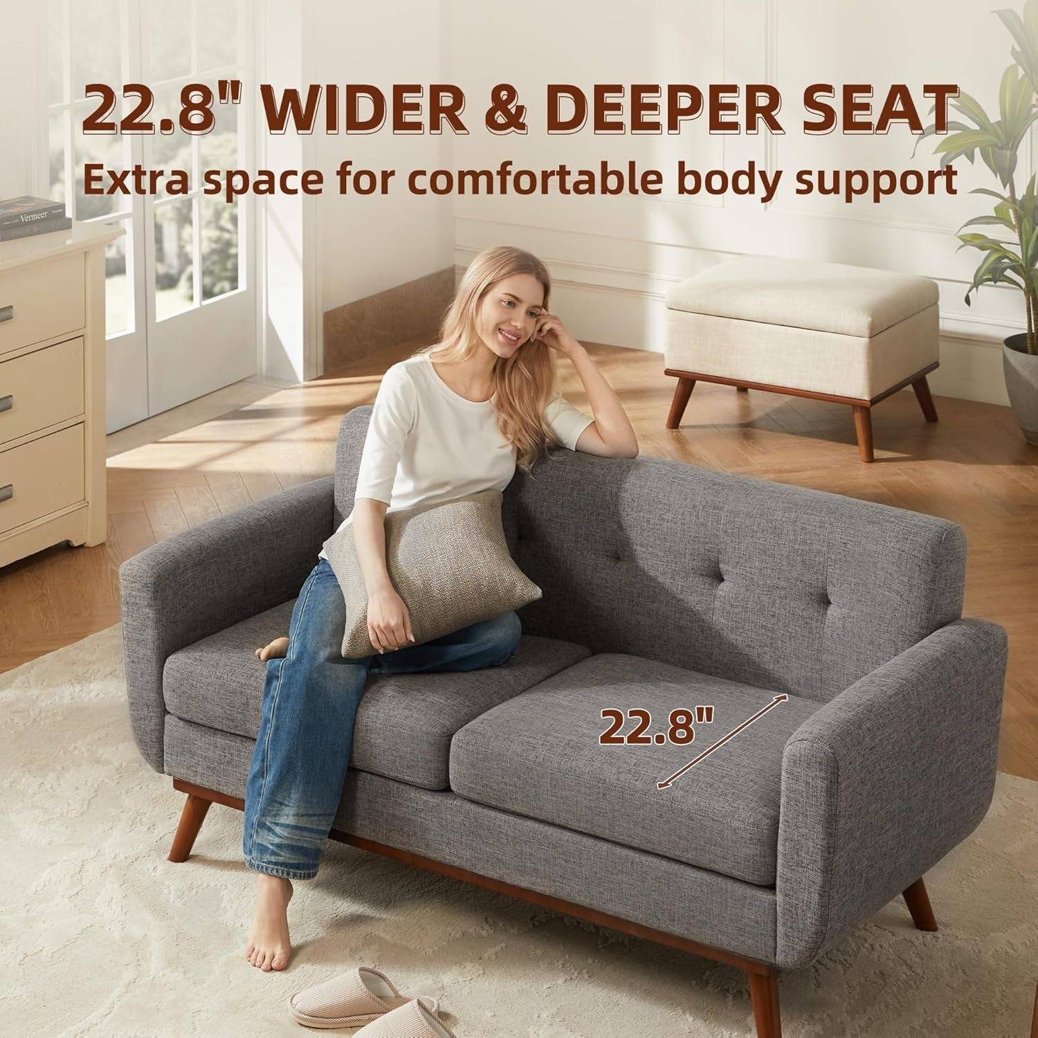 Grey Mid-Century Loveseat Sofa Easy Assembly, Solid Wood