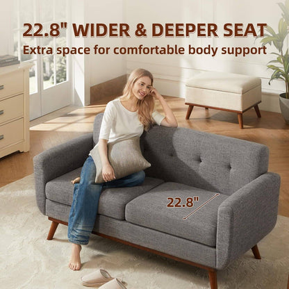 Grey Mid-Century Loveseat Sofa Easy Assembly, Solid Wood
