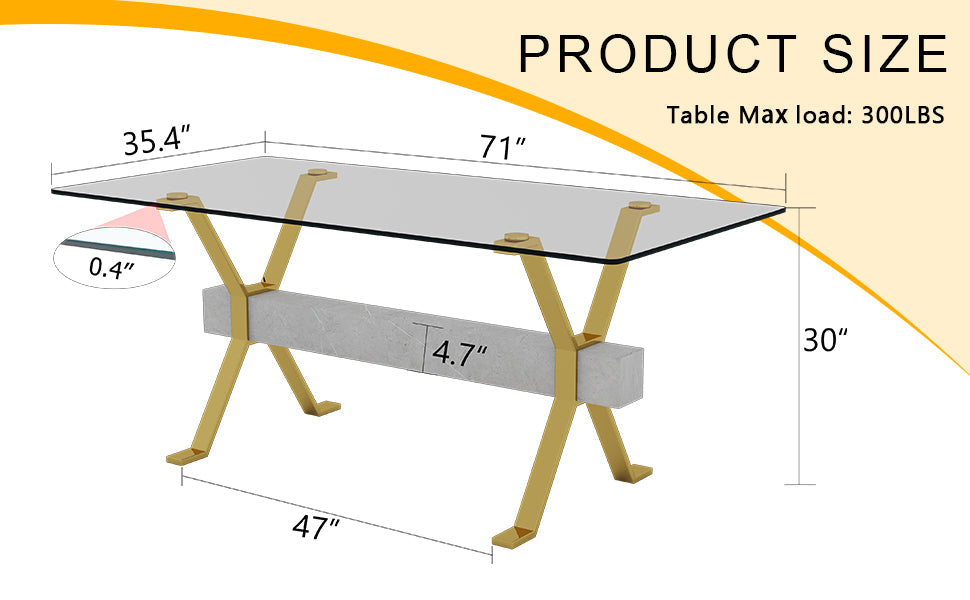 Modern tempered glass dining table. Large modern office desk with gold