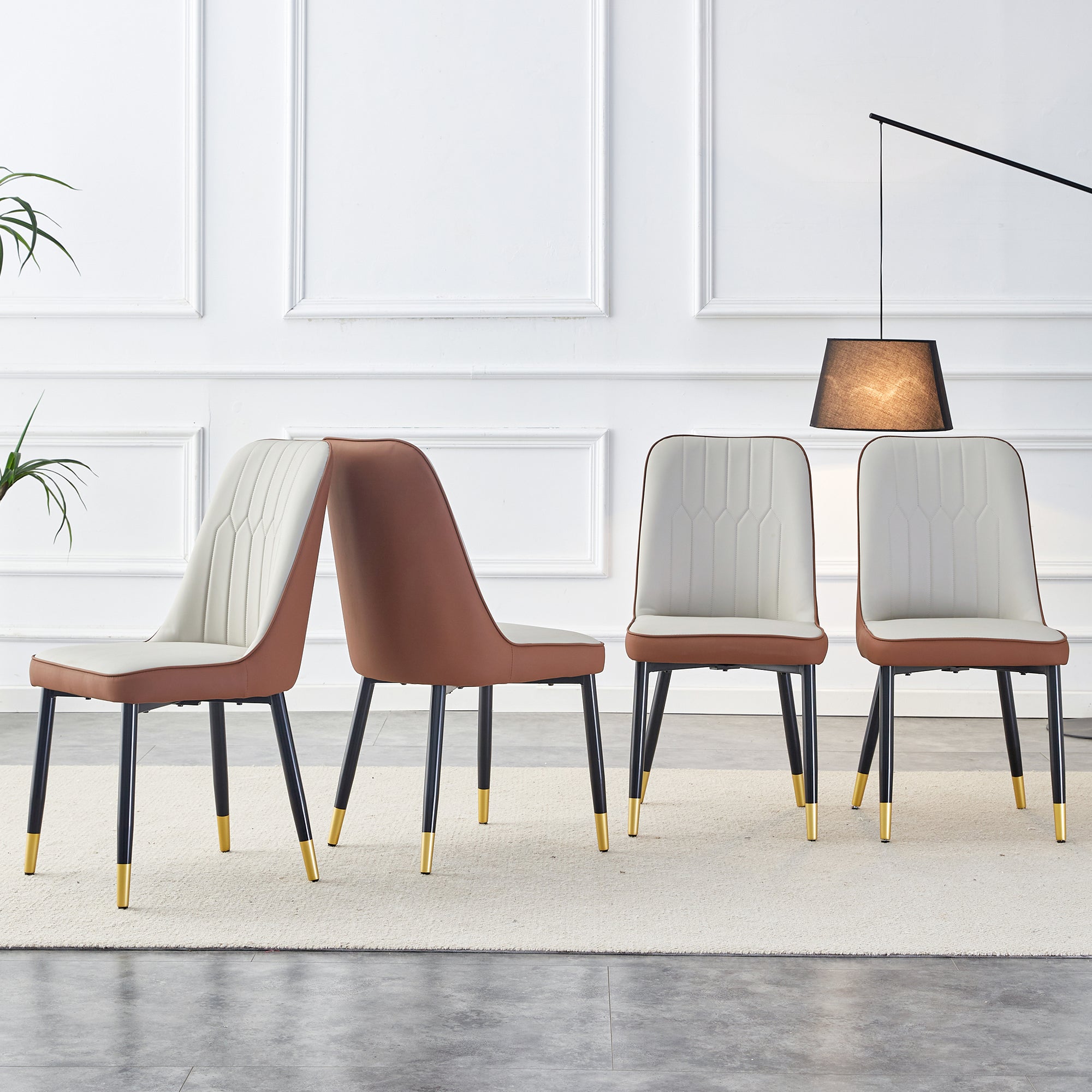A modern dining chair with a light gray brown dual tone PU leather