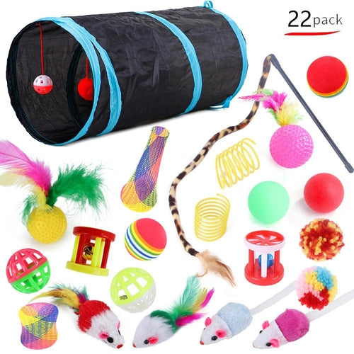 22-Piece Funny Cat Toy Set With Cat Tunnel - Interactive Pet Toys For