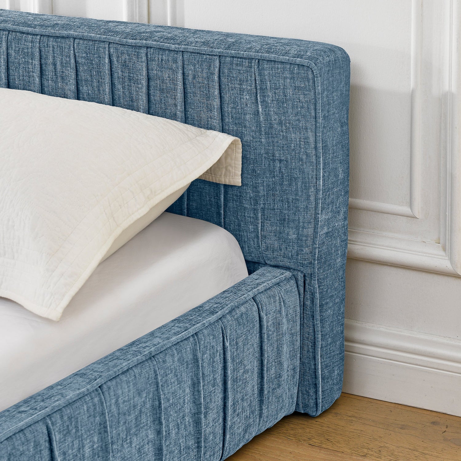 Modern Queen Size Upholstered Bed Frame with Pleated Chenille Fabric