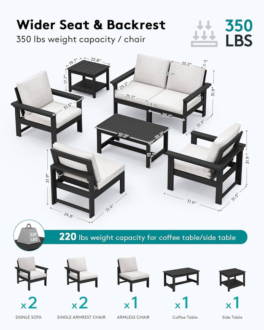 HDPE Outdoor Patio Furniture Set, 7-Piece Outdoor Sectional Patio