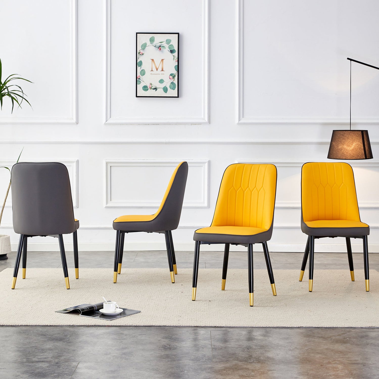 A modern dining chair with orange yellow dark gray dual tone PU