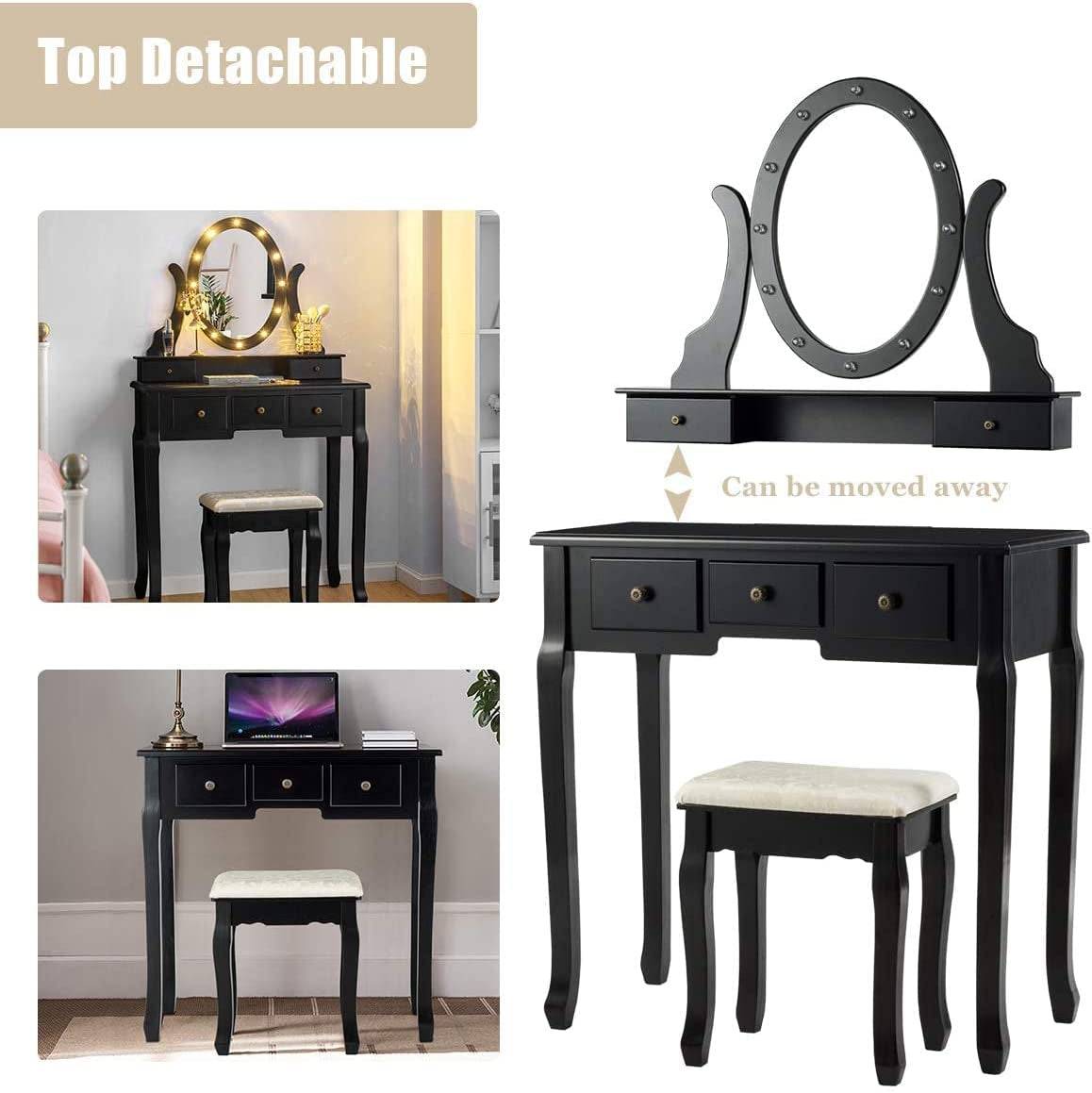 Black Vanity Dressing Table Set with Rotating Mirror