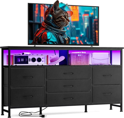 Black Dresser for Bedroom with Power Outlets and LED Lights, 55 Inch