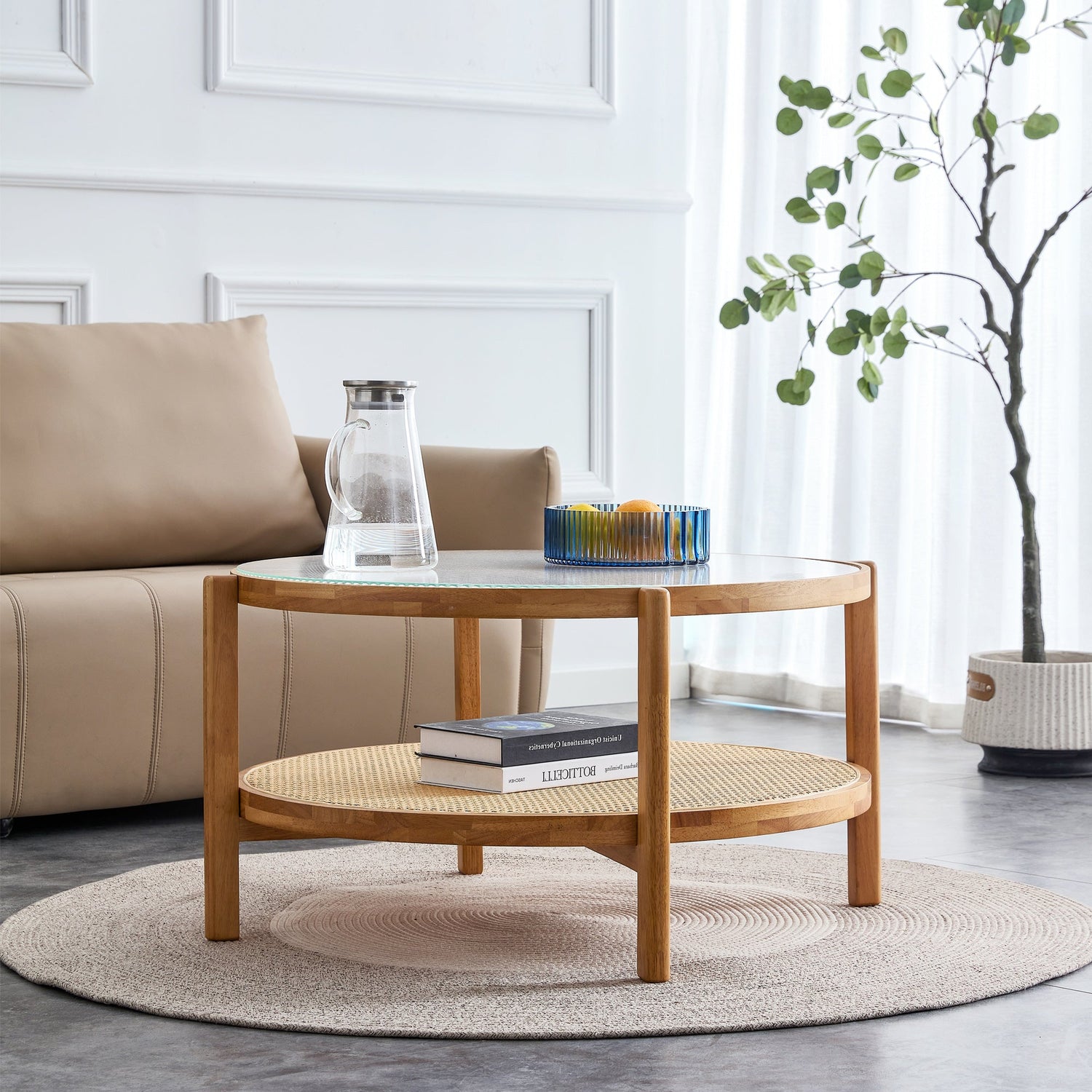 Modern simple circular double-layer solid wood tea table rattan woven